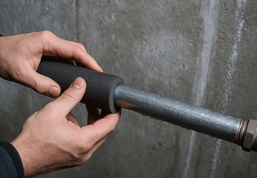 Plumbing technician installing pipe insulation on a metal pipe