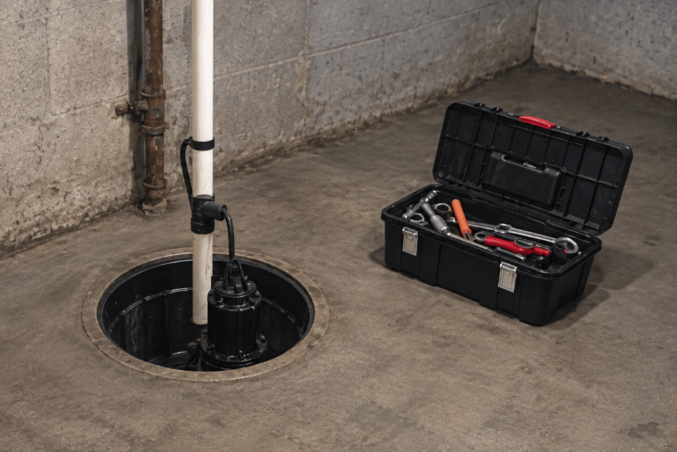 Sump pump installed in basement with open toolbox